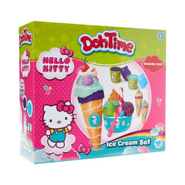 Set of Hello Kitty-inspired ice cream dough with molds and tools for creative play.