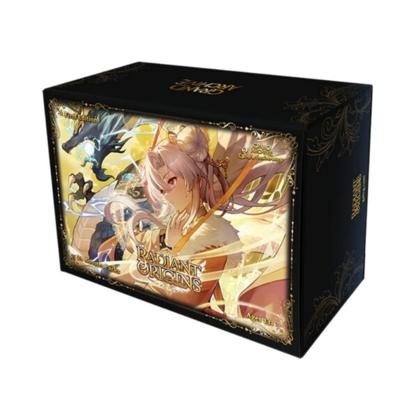 Grand Archive Radiant Origins 1st Edition Booster Box featuring vibrant artwork and collectible card game elements