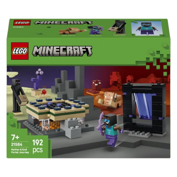 LEGO® set illustrating a journey through the Nether and an End Portal, featuring colorful bricks and adventurous figures.