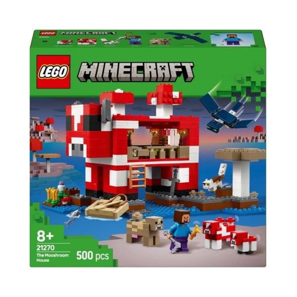 LEGO Minecraft set featuring a colorful Mooshroom house with mushrooms and characters in a vibrant blocky landscape