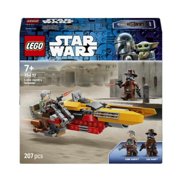 Cobb Vanth's speeder from LEGO Star Wars, complete with intricate details and a minifigure, set against a sandy backdrop