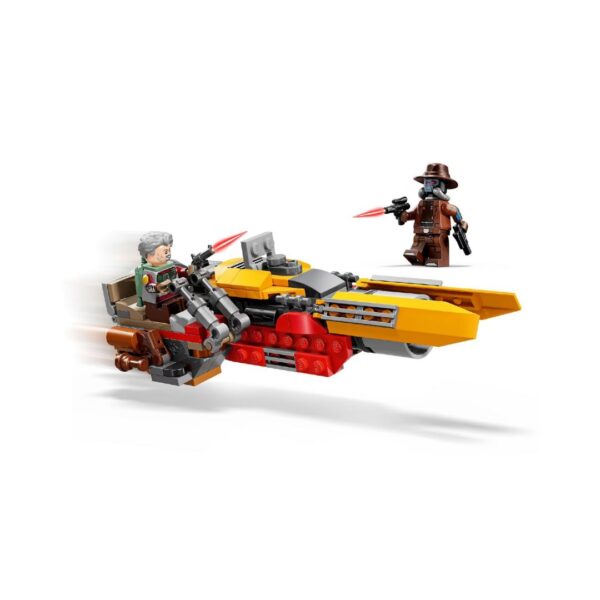 Cobb Vanth's speeder, an advanced vehicle with a streamlined shape, positioned in a vast desert landscape.