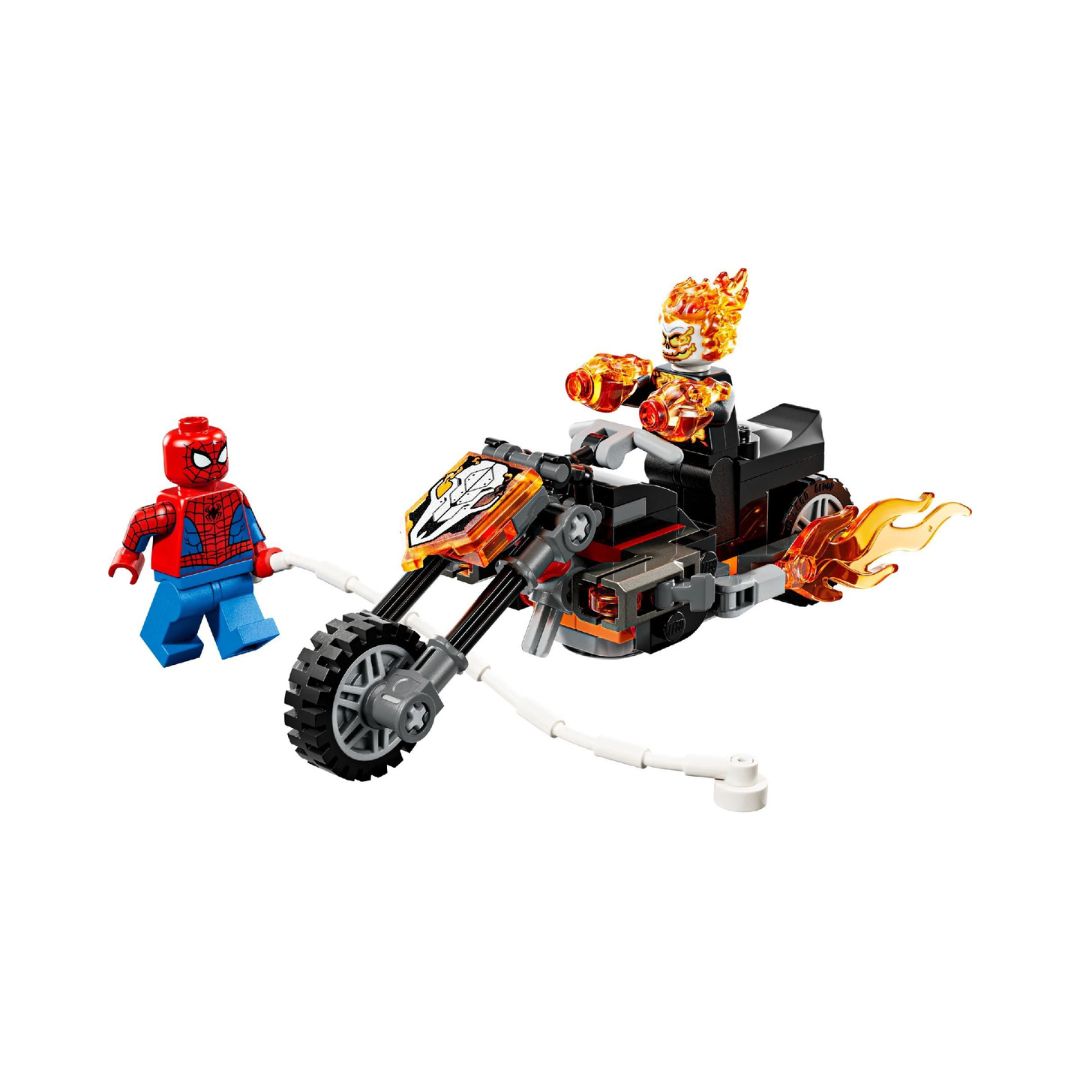 LEGO® Spider-Man and Ghost Rider on motorcycles, facing off in an action scene.-2