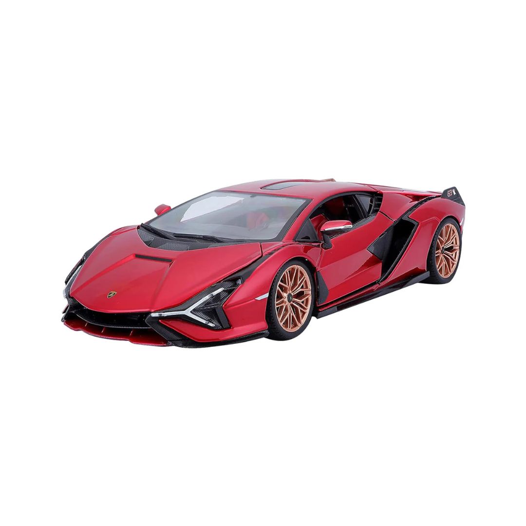 Lamborghini car-1 Diecast model of a 1/18 scale Lamborghini Sian FKP 37 by Bburago, showcasing detailed design and vibrant colors.