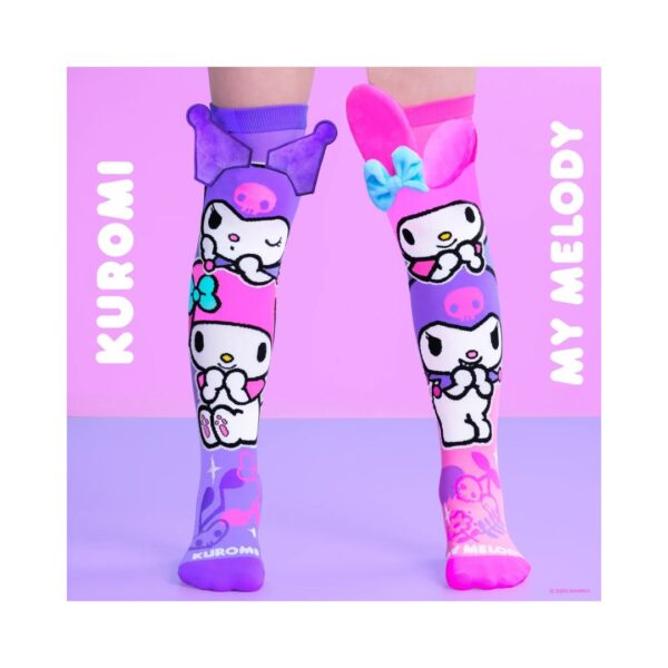 MADMIA brand socks decorated with the beloved Kuromi and My Melody anime characters.