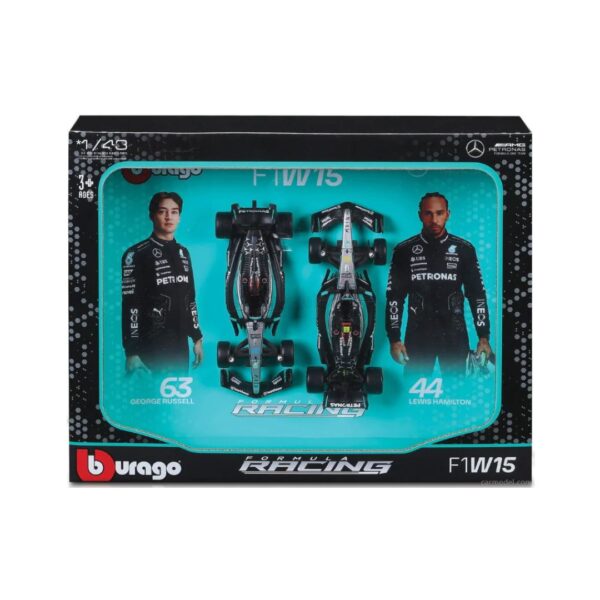 Two 1:43 scale Mercedes-AMG Petronas F1 W15 model cars without helmets or stands, displayed vertically.