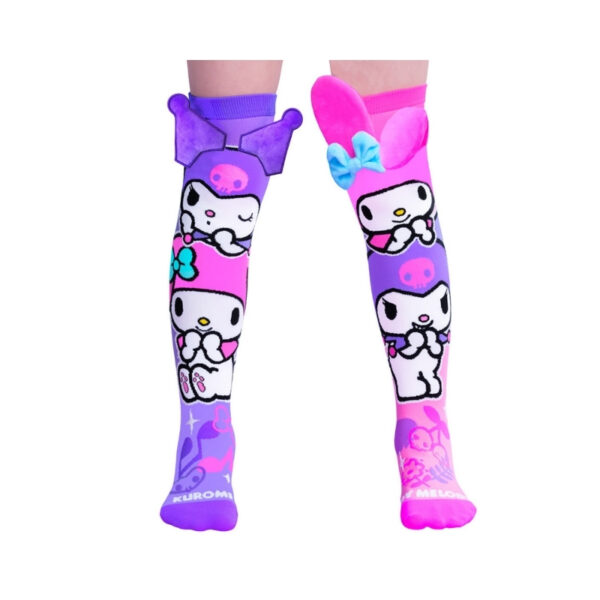 MADMIA brand socks decorated with the beloved Kuromi and My Melody anime characters.