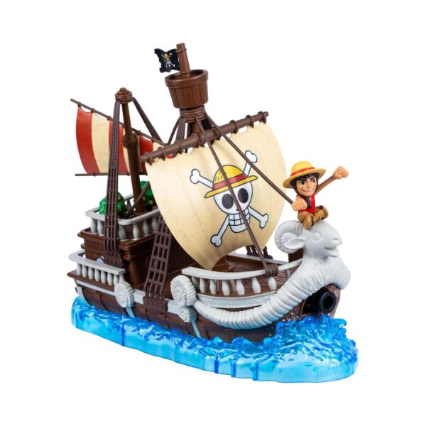 One Piece Going Merry deluxe collector ship model, featuring detailed craftsmanship and vibrant design elements.