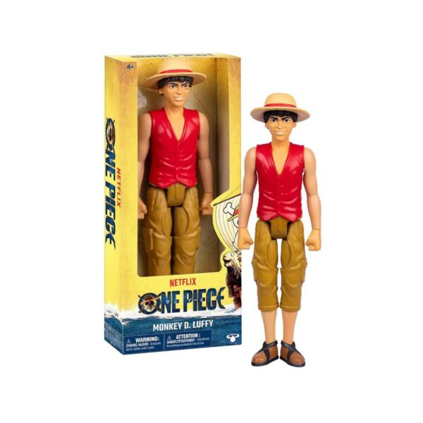 One Piece action figure of Luffy, featuring detailed sculpting of his iconic straw hat and vibrant pirate attire.