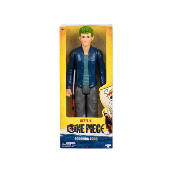 One Piece Zoro action figure, featuring detailed design with green hair and multiple swords, posed heroically.