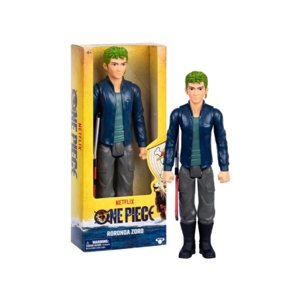 One Piece Zoro action figure, featuring detailed design with green hair and multiple swords, posed heroically.