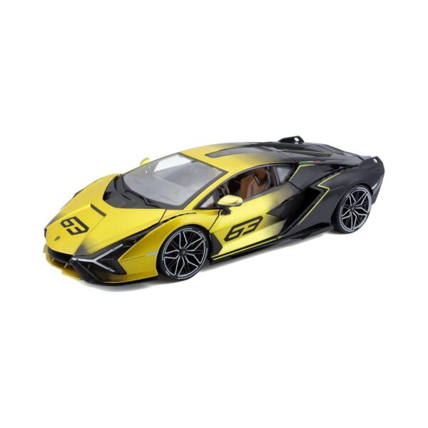 Diecast model of a 1/18 scale Lamborghini Sian FKP 37 in a fade yellow finish, showcasing detailed design and craftsmanship.