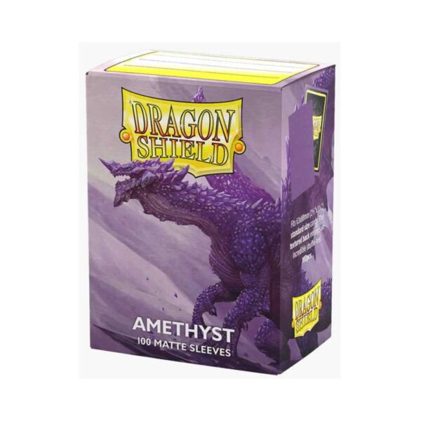 Pack of 100 matte amethyst Dragon Shield protective sleeves for standard cards, ideal for card game enthusiasts.