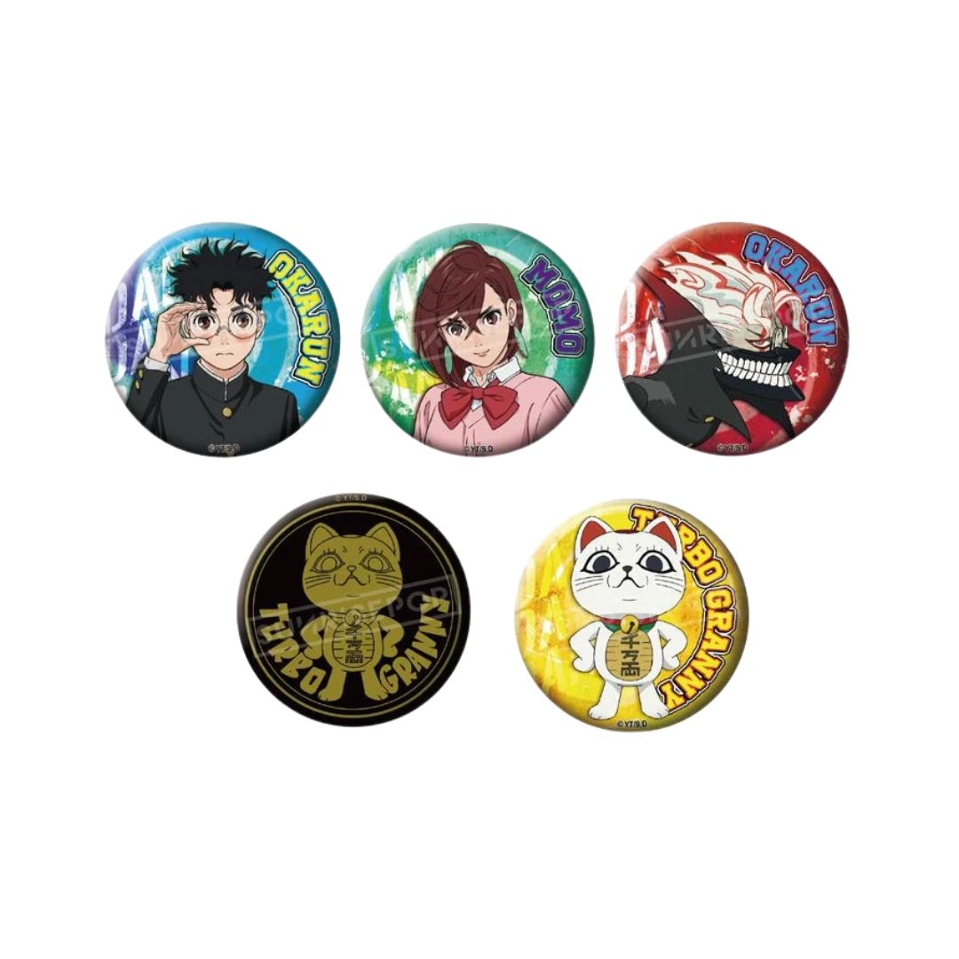 A collection of vibrant badges displaying the text "DAN DA DAN," each with unique artistic elements and colors.