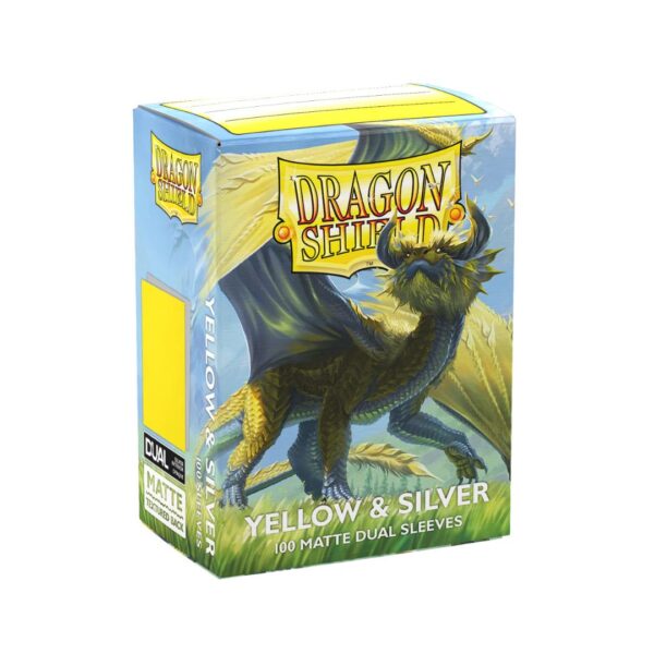 Dragon Shield Dual Matte Card Sleeves in yellow and silver, pack of 100, designed for card protection and durability.