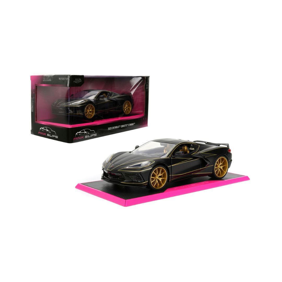 Jada Pink 1:24 scale model of a 2020 Chevy Corvette in vibrant pink color, showcasing sleek design and detailed features.