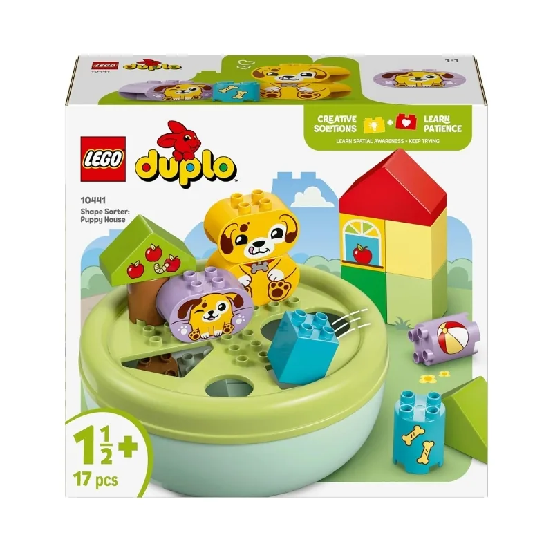 A vibrant puppy house shape sorter toy designed for toddlers, with multiple shapes to fit into corresponding openings.