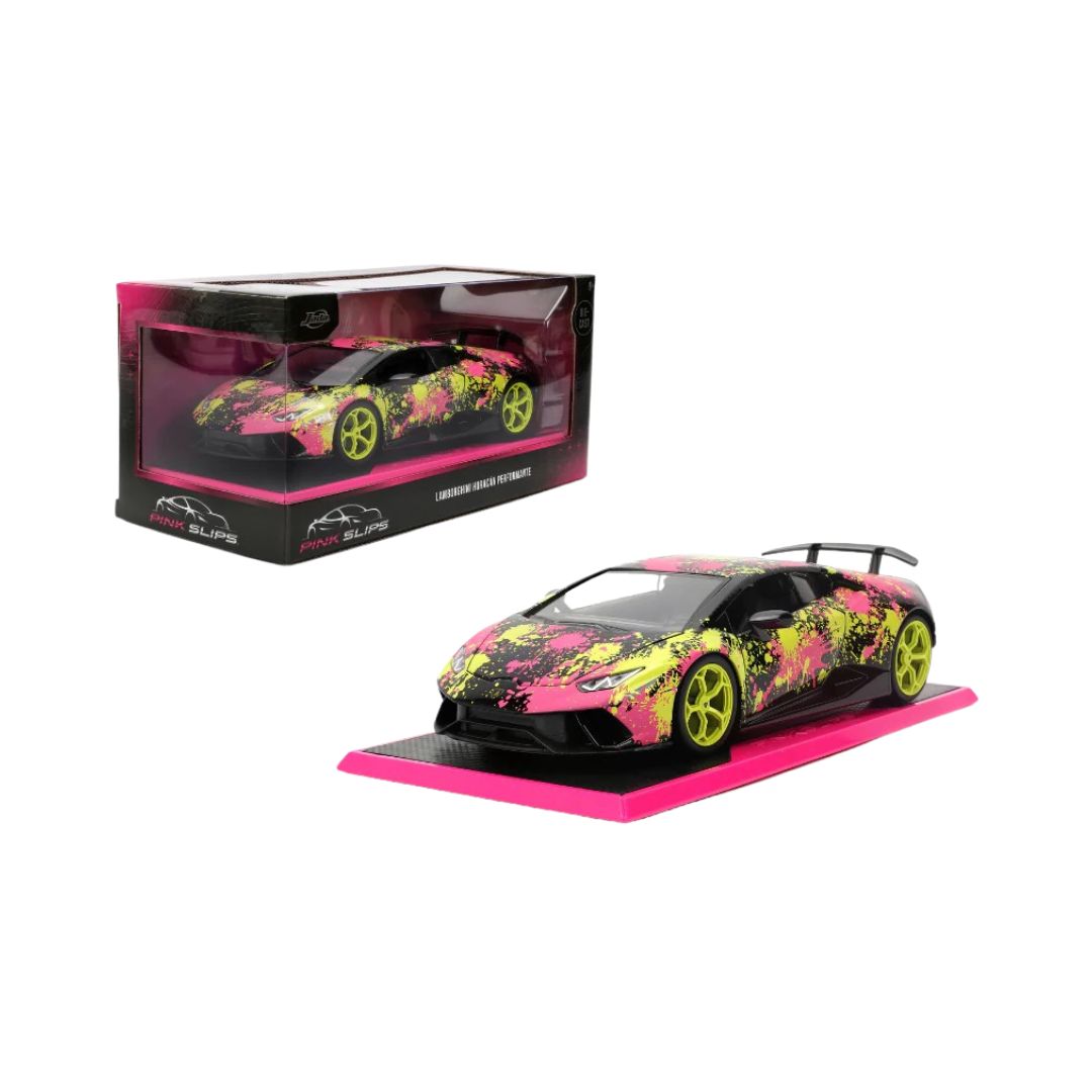 A pink Lamborghini Huracan model at 1:24 scale, emphasizing its elegant lines and striking color.