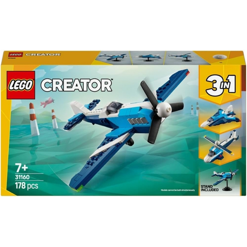 Lego Creator 31160 3 in 1 Aircraft Race Plane - 6527643 A colorful Lego Creator 31160 set featuring a 3-in-1 aircraft race plane model with detailed design elements