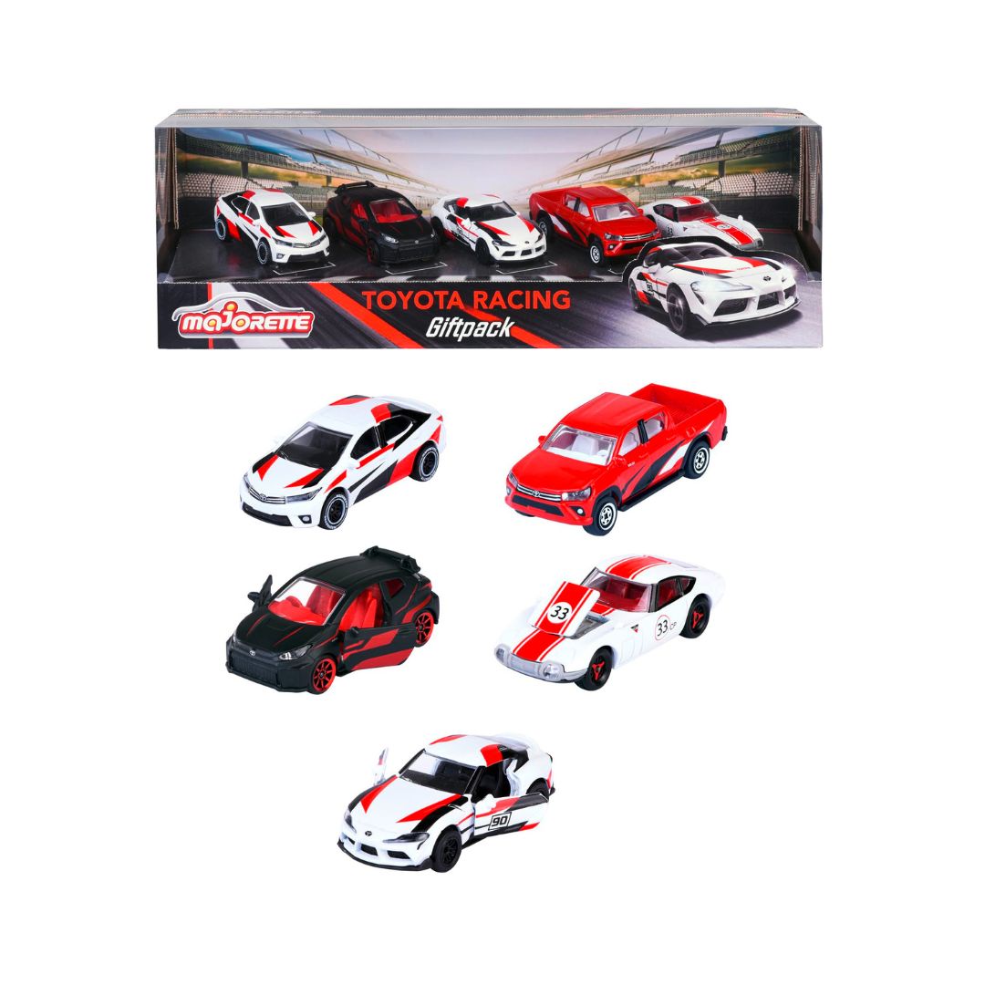 A 5-piece gift pack of Japan Racer miniature cars, showcasing detailed designs and bright colors for racing fans.