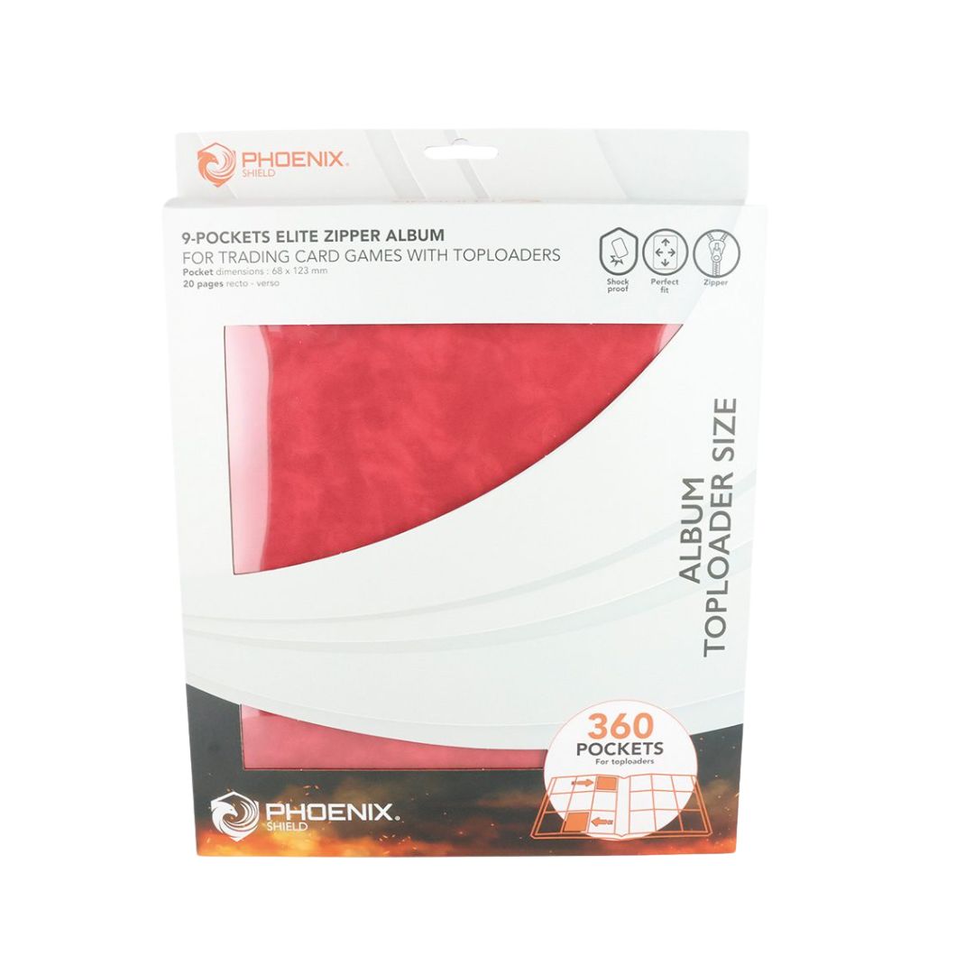 Red 9-pocket Phoenix Shield toploader, capable of storing 360 trading cards safely and efficiently.