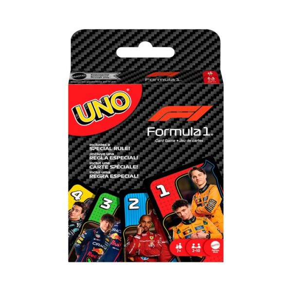Mattel UNO Formula 1® card game featuring colorful racing-themed cards for fun and competitive gameplay.