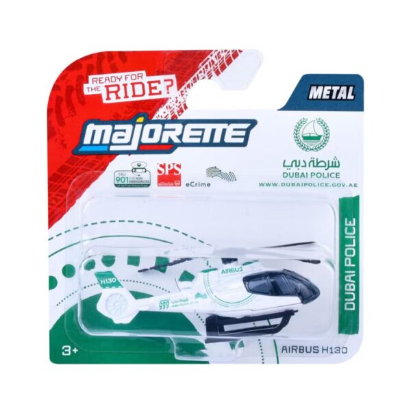 Model of a Maisto Majorette Airbus Helicopter H130, designed as a Dubai Police vehicle, showcasing detailed features.