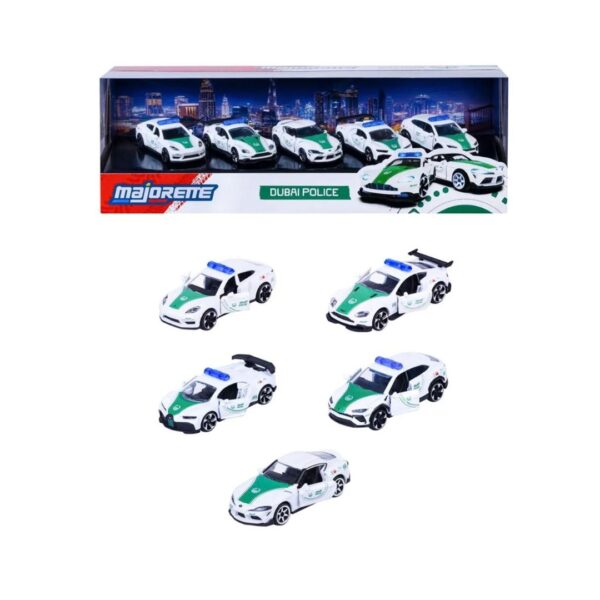 A multicolored die-cast supercar playset featuring five Dubai Police vehicles.