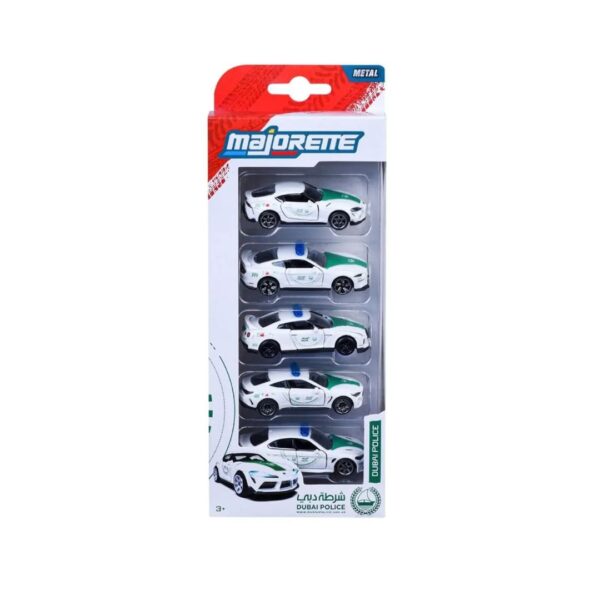 A multicolor die-cast super car gift set featuring five Dubai Police vehicles in a display box.
