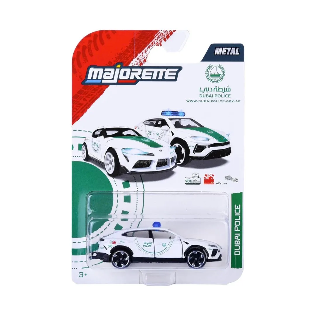 Single pack featuring a Dubai Police Lamborghini Urus, highlighting its distinctive police livery and sporty appearance.