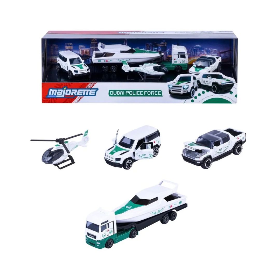 Dubai Police force pack - 1 A collection of Dubai Police force vehicles, showcasing their distinctive design and branding in a city setting.