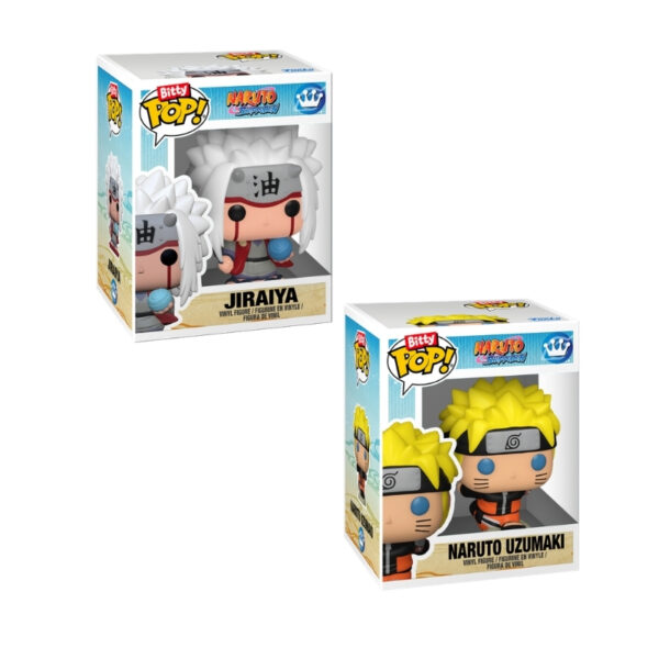 Two Funko Bitty Pop! figures of Naruto and Jiraiya from Naruto Shippuden in a collectible pack