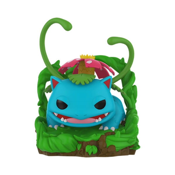 A Funko Pop figure of Venusaur from Pokémon, featuring its iconic flower and vibrant colors in a collectible display