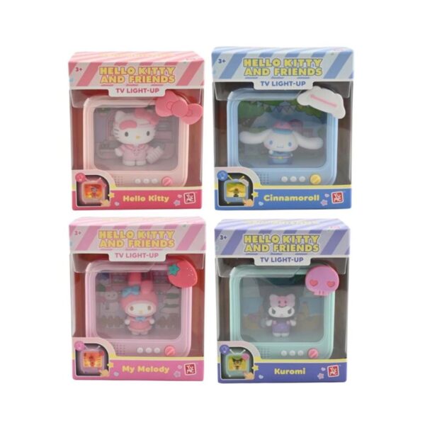 Four assorted Hello Kitty light-up figures inspired by a TV series, featuring playful designs and bright illumination.