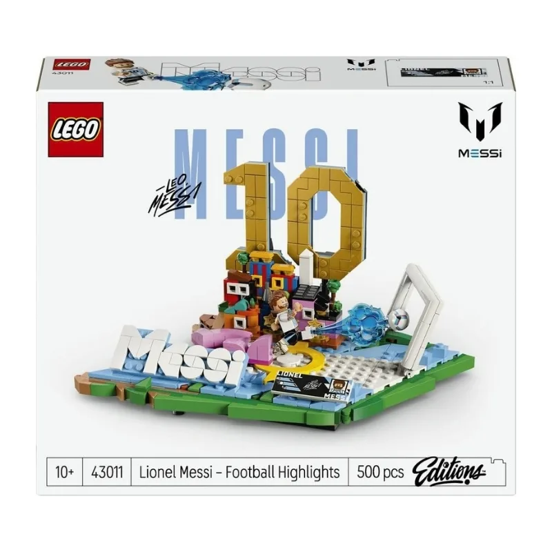 LEGO set 43011 featuring Lionel Messi in a football scene, showcasing his iconic dribbling and goal-scoring skills