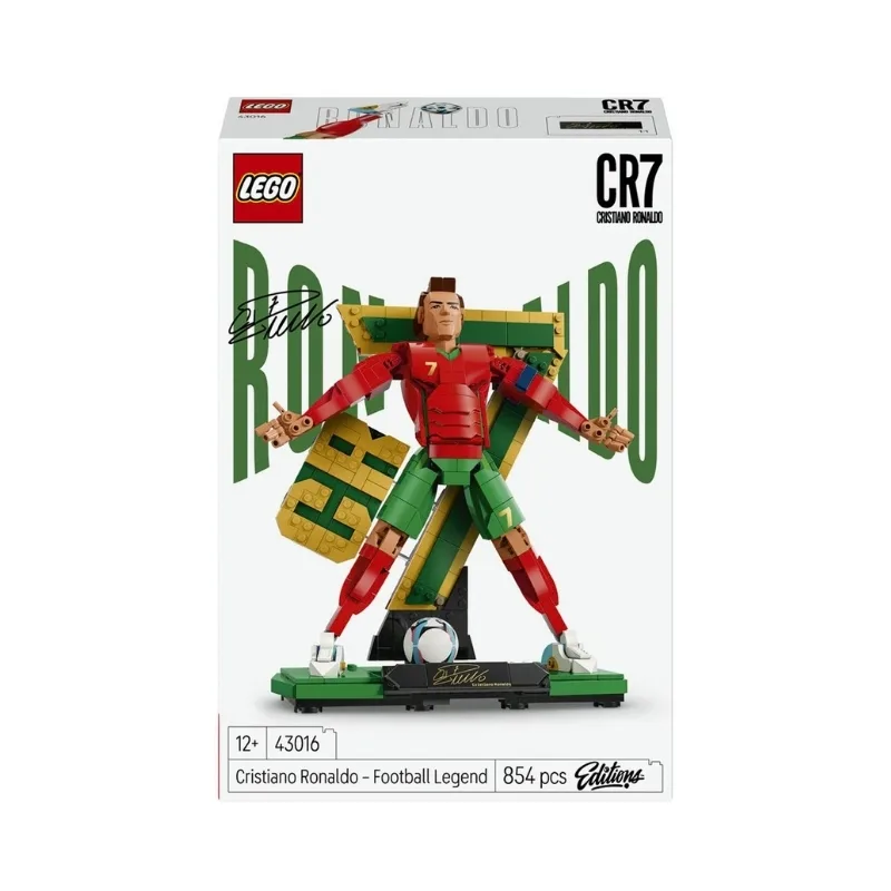 LEGO set 43016 featuring Cristiano Ronaldo as a football legend, showcasing detailed mini-figure and accessories