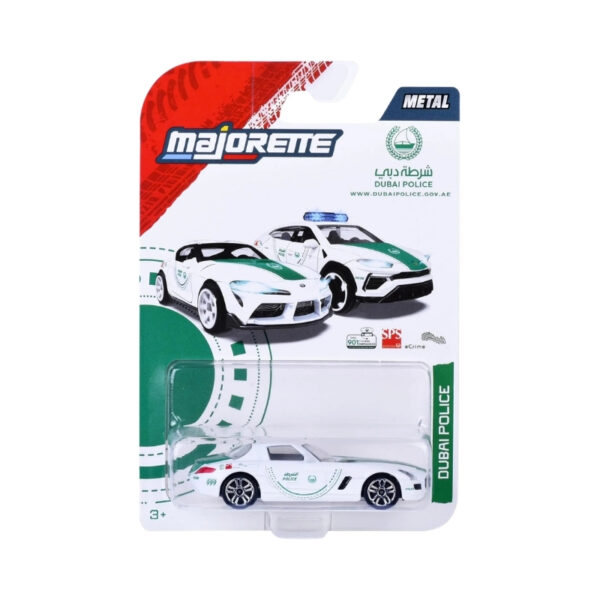 Die-cast model of a Dubai Police Ford Mustang GT in a single pack, showcasing detailed design and vibrant colors