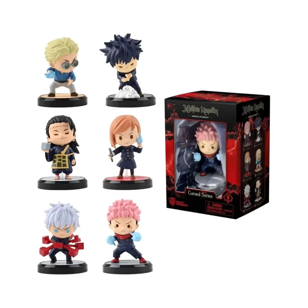 Six collectible figures from the Jujutsu Kaisen cursed series, featuring iconic characters in dynamic poses.
