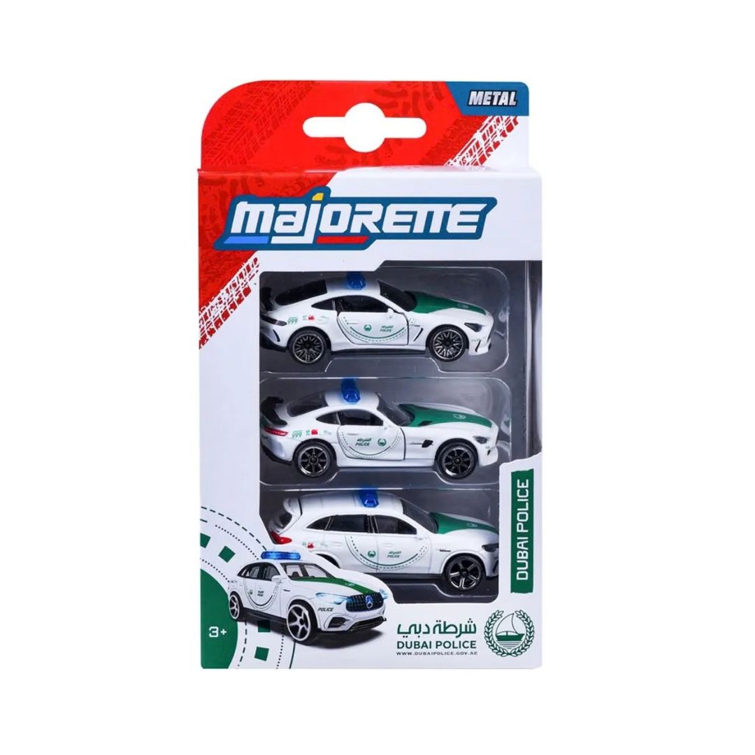 Mercedes-Benz AMG Dubai Police-1 A set of three multicolored die-cast super cars, featuring Mercedes-Benz AMG models, designed for Dubai Police.