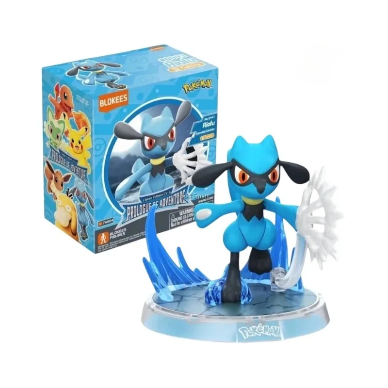 Collectible buildable figure of Pokémon Riolu from the Blokees Adventure Series, showcasing its playful design and features