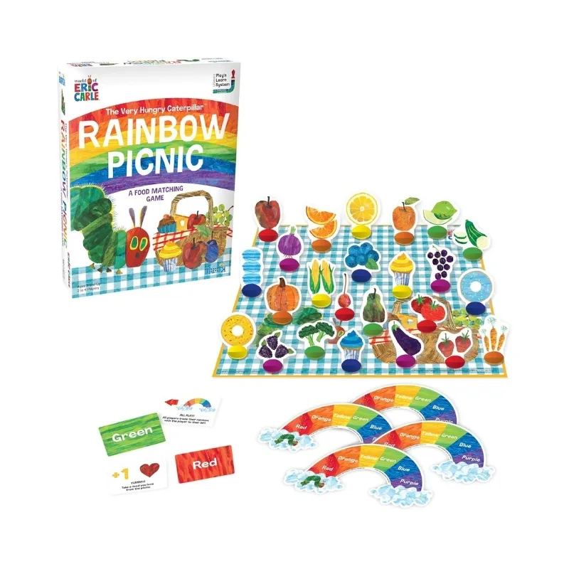 Colorful game box featuring The Very Hungry Caterpillar and a rainbow picnic theme, designed for children’s play