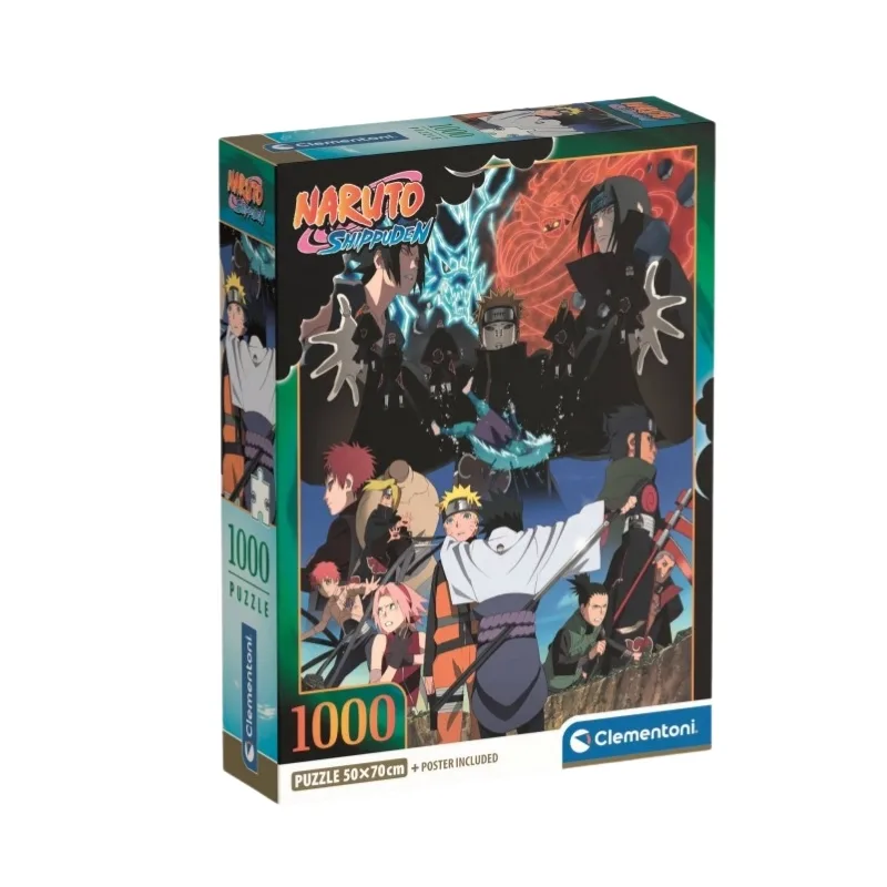 A 1000-piece Clementoni puzzle featuring characters from Naruto Shippuden in vibrant colors and dynamic poses