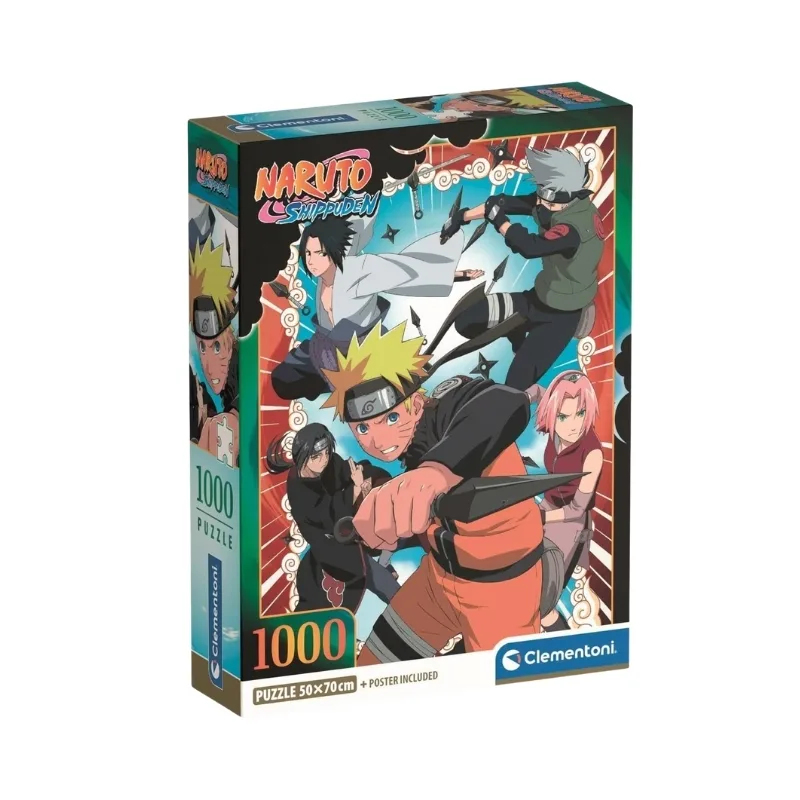 A 1000-piece Clementoni puzzle featuring characters from Naruto Shippuden in vibrant colors and dynamic poses