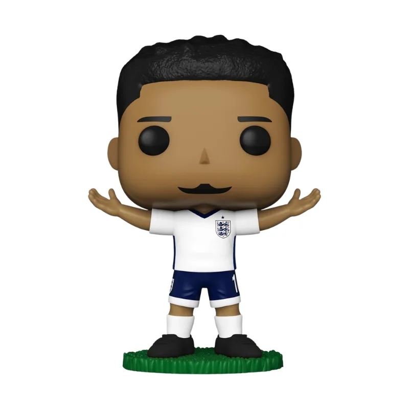 Funko Pop! figure of Jude Bellingham in England football kit, showcasing his signature hairstyle and a determined expression