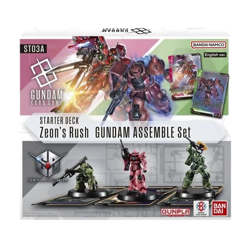 Gundam Assemble Starter Set featuring Zeon's Rush, showcasing model parts and assembly instructions for enthusiasts