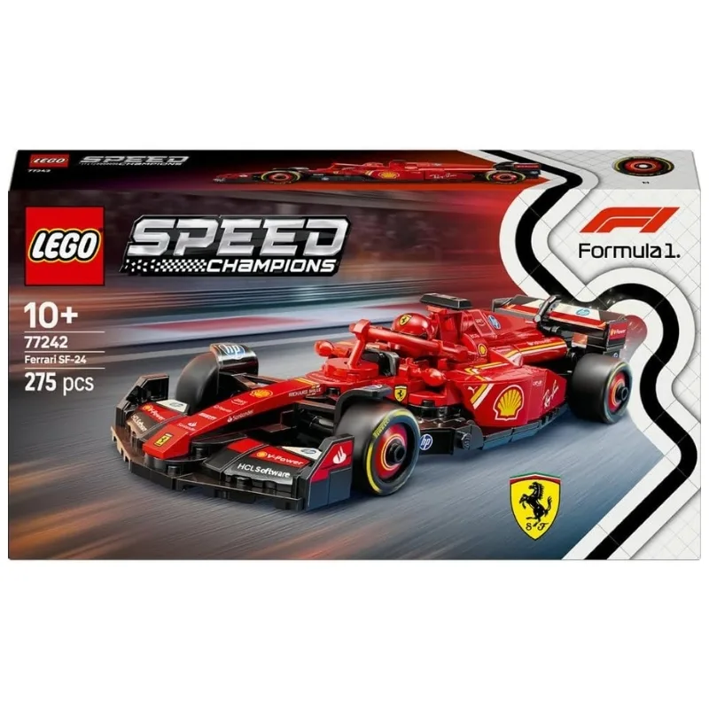 LEGO Speed Champions Ferrari SF-24 F1 race car set featuring detailed design and authentic racing elements