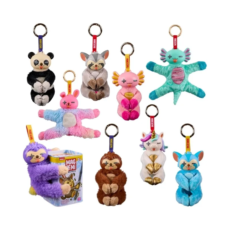Assorted plush boxes featuring various mystery characters, showcasing vibrant colors and magnetic elements