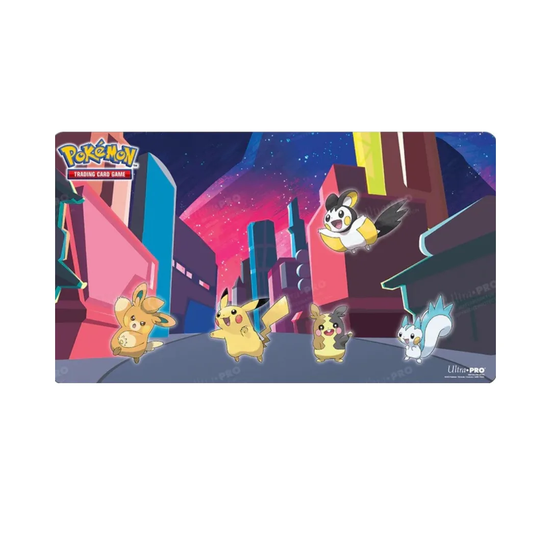 Pokemon playmat with a colorful skyline design, prominently featuring Pikachu in a playful pose.