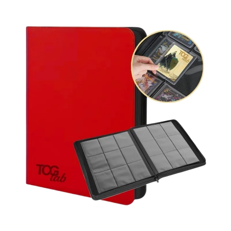 Red 9-pocket toploader album for trading cards, featuring a durable cover and organized storage for card protection.