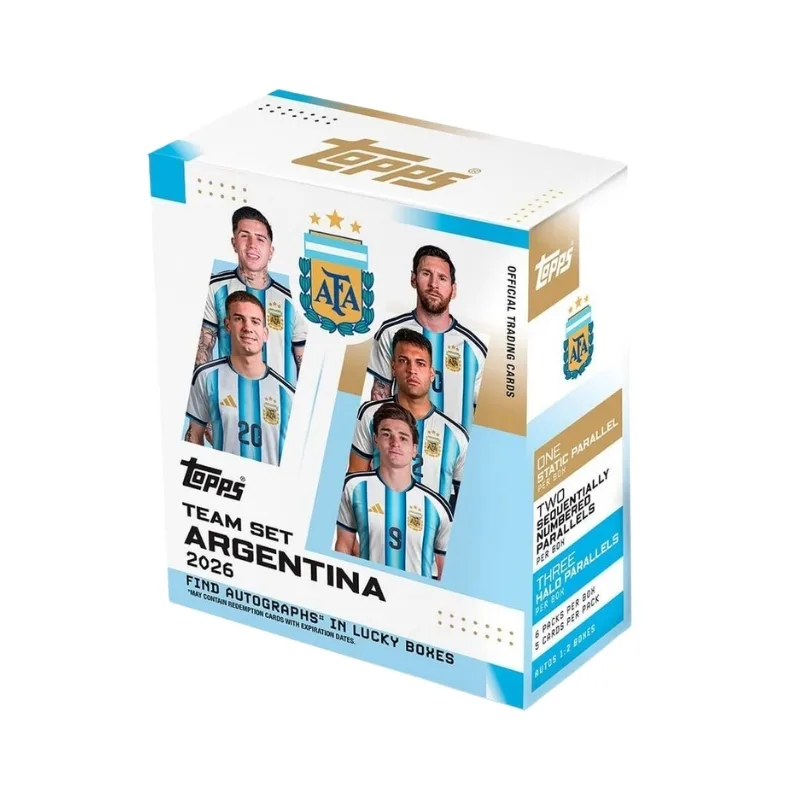 A box of Topps 2026 Argentina National Team soccer cards, containing six sealed packs for collectors.